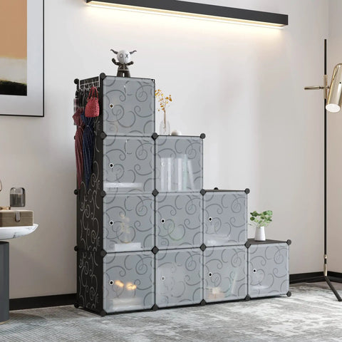 12 Cube Storage Organizer With Doors For Bedroom And Living Room, DIY Plastic Modular Bookshelf Cabinet, modern black design