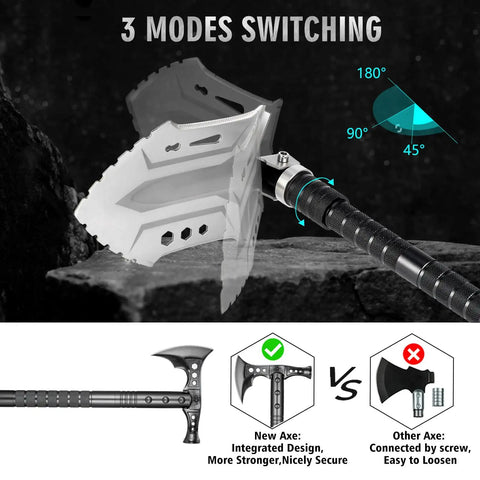 3 modes switching of 28-In-1 Survival Shovel Set With Axe And Knife, high carbon steel blade illustration showing secure integrated design