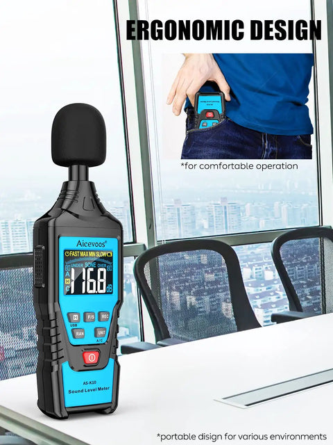 Decibel Meter Sound Level Meter For Precise Real Time Noise Readings From 30 dB To 130 dB with ergonomic design on a table.