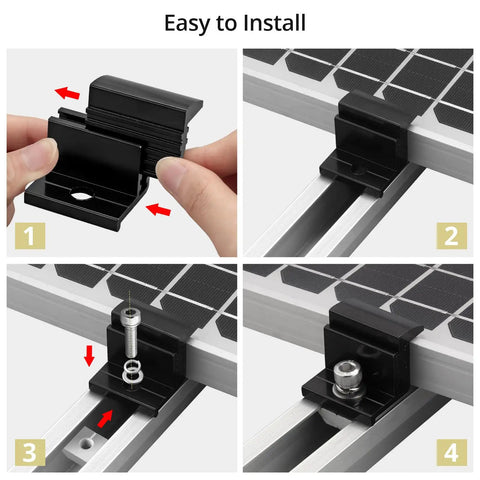 Installation process of Heavy Duty Solar Panel End Clamps 10 Piece Kit Adjustable 30 To 50 Millimeter demonstrating easy assembly.