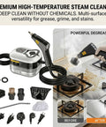 Heavy Duty Handheld Steam Cleaner With 1200ML Tank That Slays Grease And Sticky Buildup On Kitchens Bathrooms And Car Interiors Smooth Cleanup Guaranteed Every Time with accessories and before/after images.