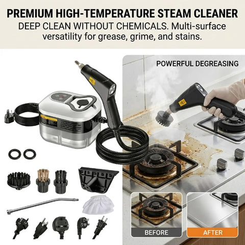Heavy Duty Handheld Steam Cleaner With 1200ML Tank That Slays Grease And Sticky Buildup On Kitchens Bathrooms And Car Interiors Smooth Cleanup Guaranteed Every Time with accessories and before/after images.