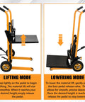 Heavy Duty Manual Material Stacker Workhorse With 450 Lb Capacity, Hydraulic Foot Pedal Lift, Adjustable Forks From 2.75 To 43.3 Inches, Removable Platform, Carbon Steel Frame And PU Wheels For Easy Warehouse Loading; lifting and lowering modes