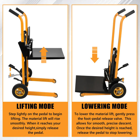 Heavy Duty Manual Material Stacker Workhorse With 450 Lb Capacity, Hydraulic Foot Pedal Lift, Adjustable Forks From 2.75 To 43.3 Inches, Removable Platform, Carbon Steel Frame And PU Wheels For Easy Warehouse Loading; lifting and lowering modes