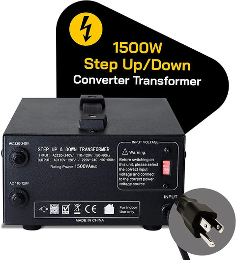 Beefy 1500W Voltage Converter Transformer For 110V To 220V And 220V To 110V Heavy Duty Step Up Down With Circuit Breaker Protection shown