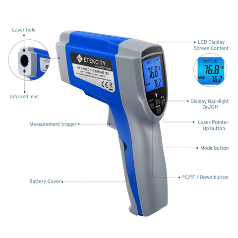 Non Contact Infrared Thermometer With Dual Laser For Objects, Adjustable Emissivity, 12 To 1 Distance To Spot, Measures -50C To 550C (58F To 1022F), Standard Size, Blue And Gray, Not For Human Use, Quick Read For Home DIY Or Shop, blue and gray IR thermometer