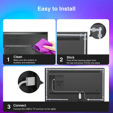 Installation steps for Smart TV LED Backlight Strip 9.2Ft RGB Mood Lighting With WiFi App Control Instructions