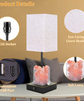 Touch Table Lamp With USB Ports And Himalayan Salt Nightstand Light, 3-Way Dimmable Bedside Lamp on table with features highlighted