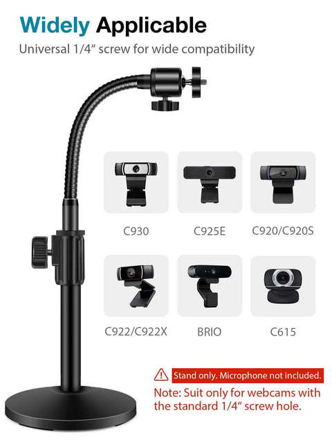 Heavy Duty Flexible Webcam Stand Arm With Smooth Tilting Desk Camera Mount Holder For Universal Quarter Inch Threads And Logitech Gear with adjustable neck.