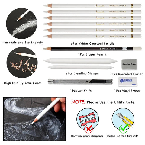 Image showing a White Charcoal Pencils Set 12 Piece for dark paper drawing and sketching, including erasers and blending tools.