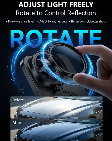 Adjusting the Anti-Glare Magnetic Phone Filter 2 In 1 CPL And Star Filter For iPhone Clip On Lens on phone with before and after car reflection.