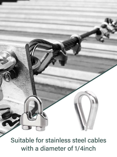 One Quarter Inch M6 Wire Rope Clamp Kit with twelve clamps and ten thimbles 304 stainless steel rigging on cable
