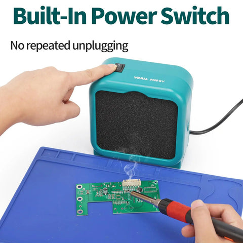 Compact Soldering Fume Extractor That Busts Soldering Smoke With Dual Activated Carbon Filters For PCB Soldering And Electronics Repair Built In Switch Eight Carbon Filters Included Two Stage Airflow Keeps Your Workbench Clean with built-in switch being used during PCB soldering