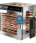 Top Shelf 800W Food Dehydrator Machine Featuring Ten Stainless Steel Trays for drying jerky and fruits, showcasing temperature settings.