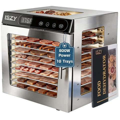 Top Shelf 800W Food Dehydrator Machine Featuring Ten Stainless Steel Trays for drying jerky and fruits, showcasing temperature settings.