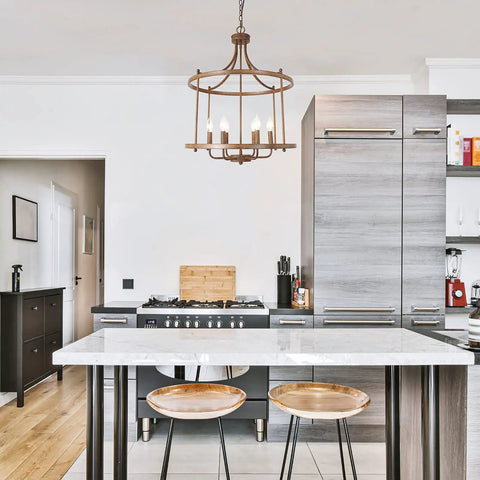 Kitchen with Rustic Bronze Farmhouse Six Light Drum Chandelier for Dining Room, Kitchen Island or Living Room Pendant Lighting.