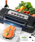 Powerful Vacuum Sealer For Food 90kPa With Dry And Moist Modes sealing salmon with vegetables in background