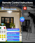 Comparison of remote-controlled vs manually-adjusted LED floodlights for garages, showcasing ease of use with wireless remote.
