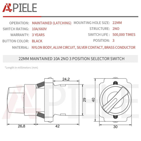 Diagram of Two Pack 22mm Metal Head 3 Position Maintained Selector Switch With 2 Normally Open Contacts 660VAC 10A Rating.