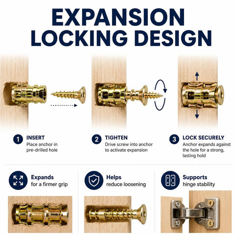Diagram showing 6 By 14 Mm Short Expansion Screw Set For Cabinet Hinges Repair Kit Hinge Anchor Fastener in action.