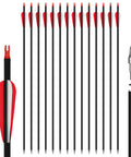 30 Inch Carbon Arrow Set With Removable Tips, 14 Pcs, Spine 500, shown in a row with broadheads and hybrid carbon shafts.