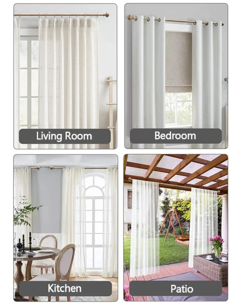 Heavy Duty Wood Look Curtain Rods For Windows 48 To 84 Inches With One Inch Diameter And Imitation Wood Grain Finials in living room, bedroom, kitchen, and patio settings