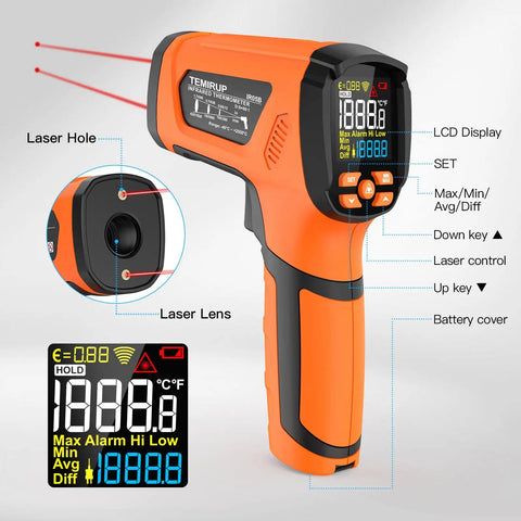Non Contact Infrared Thermometer Gun With Dual Laser And Thermocouple Probe, 50 To 1 Pyrometer, From -40F To 3632F, Adjustable Emissivity 0.1 To 1.0, Engine Kiln Forge Industrial Temperature Check, Shop Pro Grade Accuracy. orange infrared thermometer gun with LCD display and dual laser