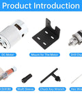 Components of the Mini Table Drill Kit With 12-24V DC Motor, including motor, mount, drill chuck, trial drill bit, and wrenches.