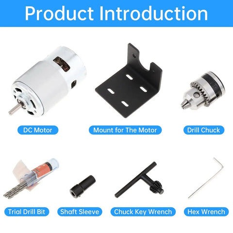 Components of the Mini Table Drill Kit With 12-24V DC Motor, including motor, mount, drill chuck, trial drill bit, and wrenches.