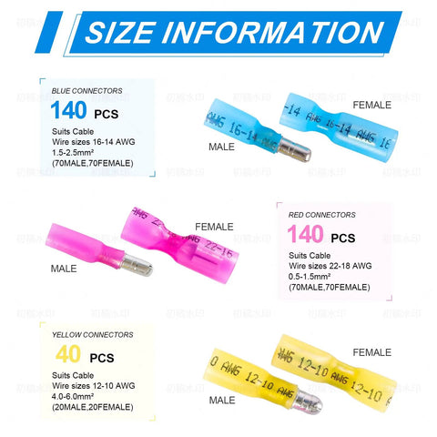 320-Piece Heat Shrink Bullet Connectors Kit With Male And Female Terminals size info, blue red yellow connectors shown
