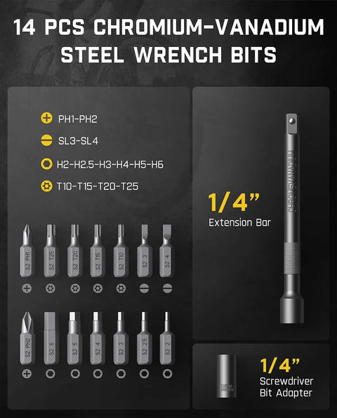 14 chromium-vanadium steel bits for Mini Click Torque Wrench Set For Bikes With 1/4 Inch Drive, 2-10 Nm Range