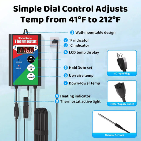 Beefed Up 3500W Immersion Water Heater Dishes Out Insta Hot Water For Bathtub Stock Tank Or Pond Hookups With Zero Fuss Plug And Play Auto Temp Lock System showing LCD thermostat display and control features.