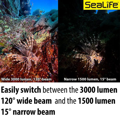 Comparison of Sea Dragon 3000SF Pro Dual Beam Compact Underwater LED Light showing wide and narrow beam on coral reef.