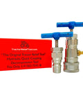 One Quarter Inch Hydraulic Quick Coupling Pressure Decompression Tool ISO 7241-B Relief with adapters next to red box