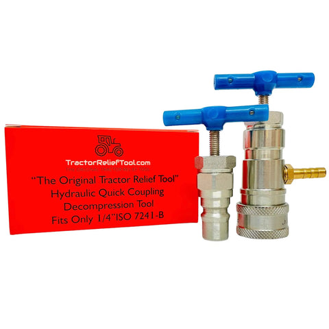 One Quarter Inch Hydraulic Quick Coupling Pressure Decompression Tool ISO 7241-B Relief with adapters next to red box