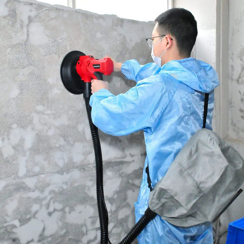 Person using Electric Drywall Sander With Vacuum For Dustless Sanding, 710W Portable Handheld Wall And Ceiling Sander on wall