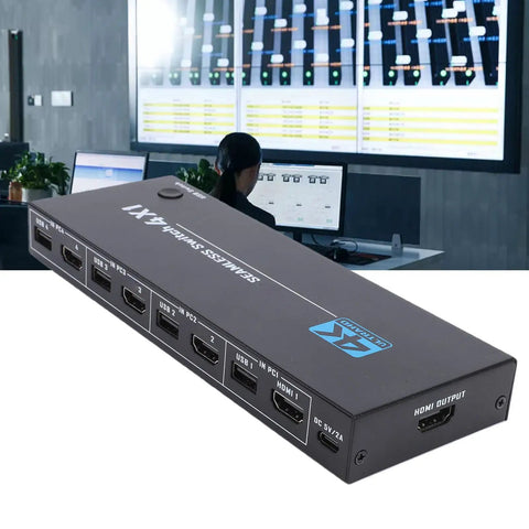 Boss Level 8K 60Hz KVM Switch For PC Laptop And Gaming Console Monitor 4 Port USB HDMI frontal view with ports visible.
