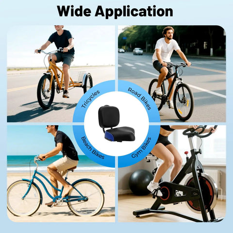Comfy Tricycle Seat Cushion With Backrest For Bikes And E Bikes All Day Ride Padded PU Saddle With Back Support Wide Durable Bike Seat For Trikes Beach Bikes And Electric Ride Ons. wide application for tricycles, road bikes, beach bikes, and gym bikes