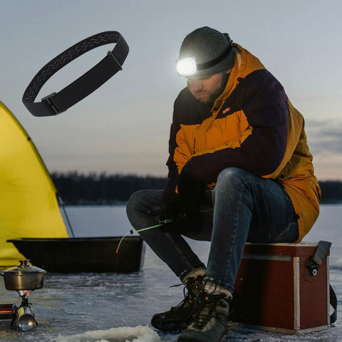 Man in winter gear ice fishing with elastic headlamp strap replacement band for comfort fit on head, 4 pack, black nylon.