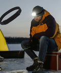 Elastic Headlamp Strap Replacement for All Major Headlamps shown with man ice fishing, Black Diamond Petzl fit