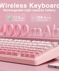 Dead Quiet Pink 75 Percent Wireless Mechanical Keyboard With Hot Swap Slots And Turn Dial, Bt50 And 24Ghz Wireless Setup, Pre Lubed Silent Switches With Rgb Backlight And Smooth Side Printed Pbt Keycaps For Your Killer Gaming Setup, showcasing 4000mAh battery stats.
