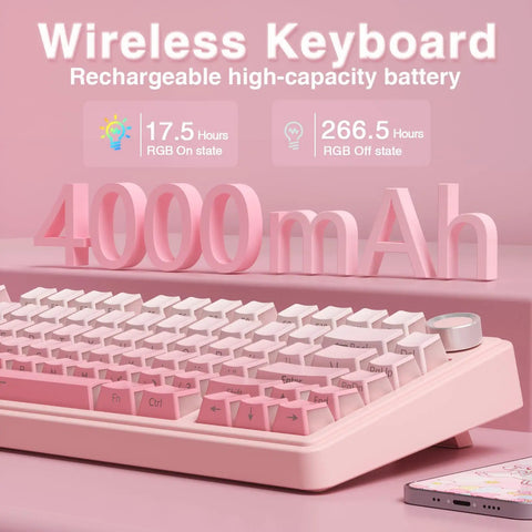 Dead Quiet Pink 75 Percent Wireless Mechanical Keyboard With Hot Swap Slots And Turn Dial, Bt50 And 24Ghz Wireless Setup, Pre Lubed Silent Switches With Rgb Backlight And Smooth Side Printed Pbt Keycaps For Your Killer Gaming Setup, showcasing 4000mAh battery stats.