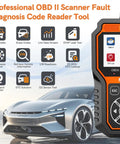 Go To Car Diagnostic Tool With 50,000 DTC Library, engine code scanner next to modern car in background, icons display features.