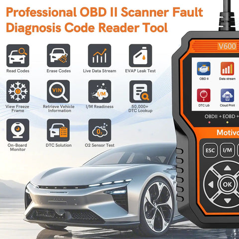Go To Car Diagnostic Tool With 50,000 DTC Library, engine code scanner next to modern car in background, icons display features.
