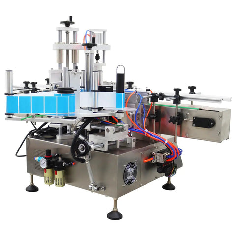 Automatic Desktop Labeling Machine Killer Speed Label Applicator, compact stainless steel unit for square, round, and hexagonal bottles.
