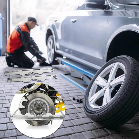 Beefy Pro Grade Heavy Duty Wheel Alignment Tool Plates Two Pieces Stainless Steel Toe Alignment Tool in use on vehicle