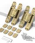 Heavy Duty Hidden Door Hinges 2 Pack Gold Finish Secret Wall Hardware 6 Inch with mounting screws and caps.