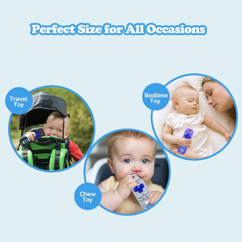 Infographic showing babies using TV Remote Shaped Silicone Teething Toy For Babies 3 to 18 Months BPA Free in various settings.