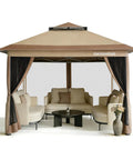Pop Up Gazebo Canopy Tent 12x12 Portable Instant Setup With One Push Locking System Four Mesh Sidewalls Wheeled Carry Bag Durable Steel Frame Easy Open And Fold For Patio Backyard Parties And Outdoor Events Khaki, shown with furniture underneath.