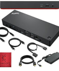 Next Level Thunderbolt 4 Docking Station For USB C Laptops, heavy-duty black aluminum with multiple connectivity ports and cables.